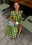 ROBE LONGUE YAËL - verte jaune et bleue à carreaux Bahé
